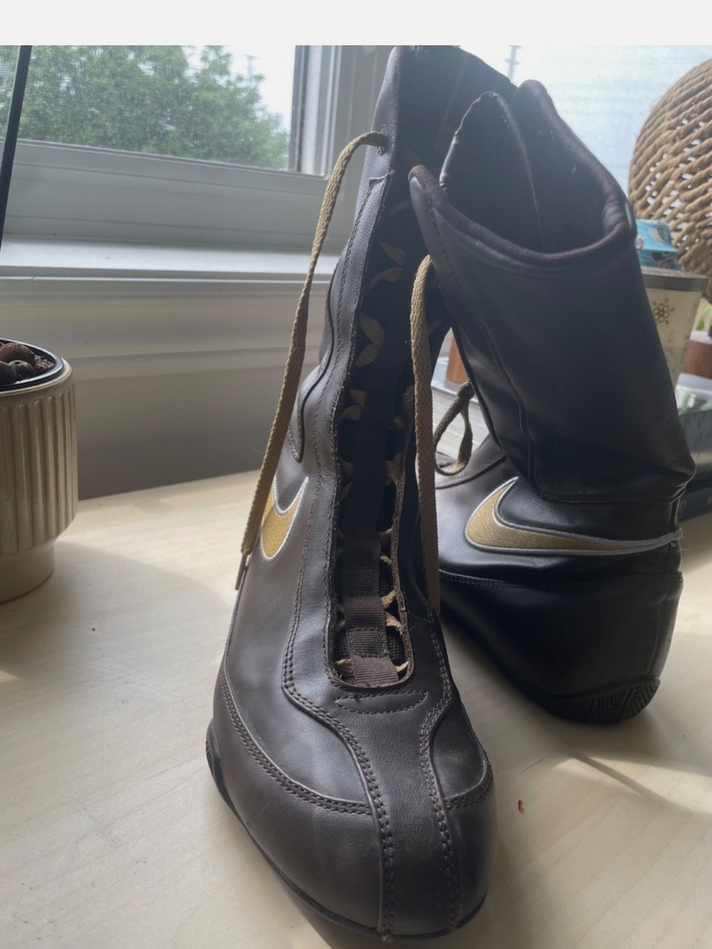 Nike Machomai 1 Boxing Boots 2008 Brown Gold Leather Rare Vintage Men’s US 8.5